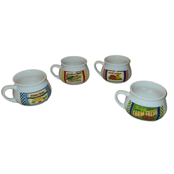 VINTAGE DAT'L DO-IT INC DDI FARM SIGNS SOUP MUGS BOWLS CUPS SET OF 4 - Picture 1 of 6